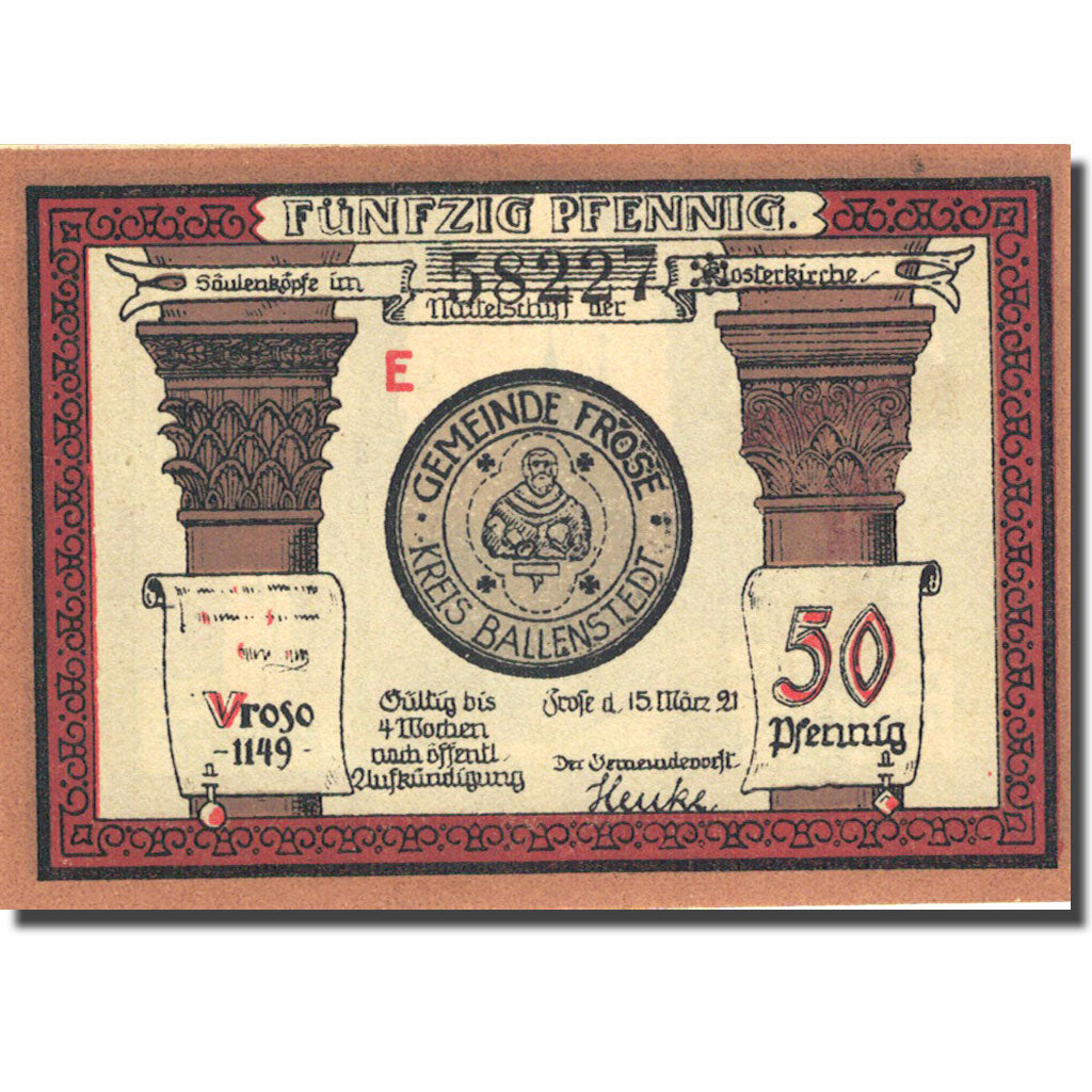 Banknote, Germany, Frose, 50 Pfennig, monastère 1921-03-15, UNC(63) Mehl 398.2a