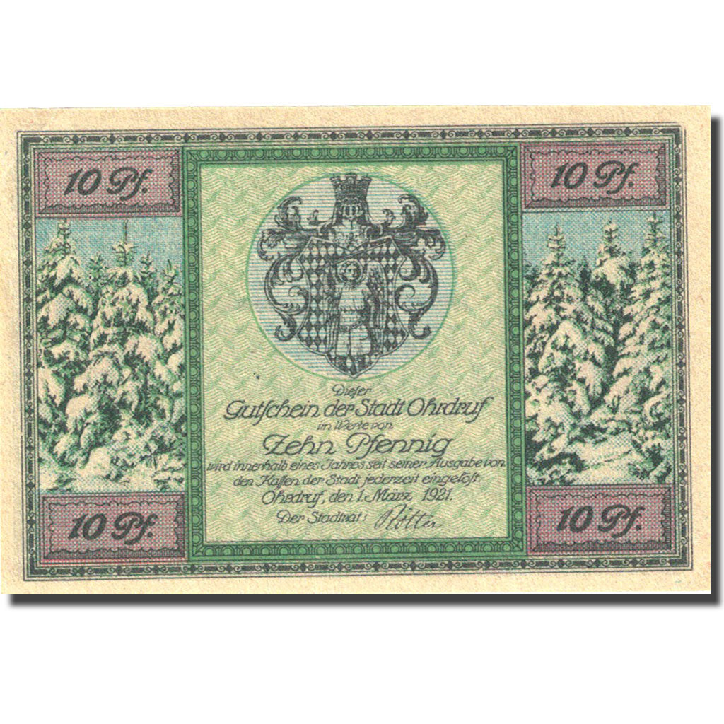 Banknote, Germany, Ohrdruf, 10 Pfennig, Forêt 1921-03-01 UNC(63) Mehl 1012.1b