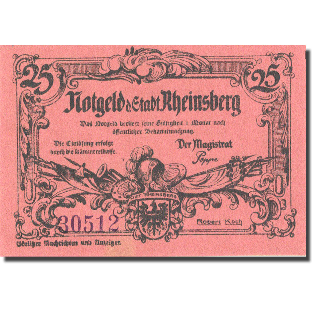 Banknote, Germany, Rheinsberg, 25 Pfennig, Blason, 1921, UNC(63), Mehl:1120.2a