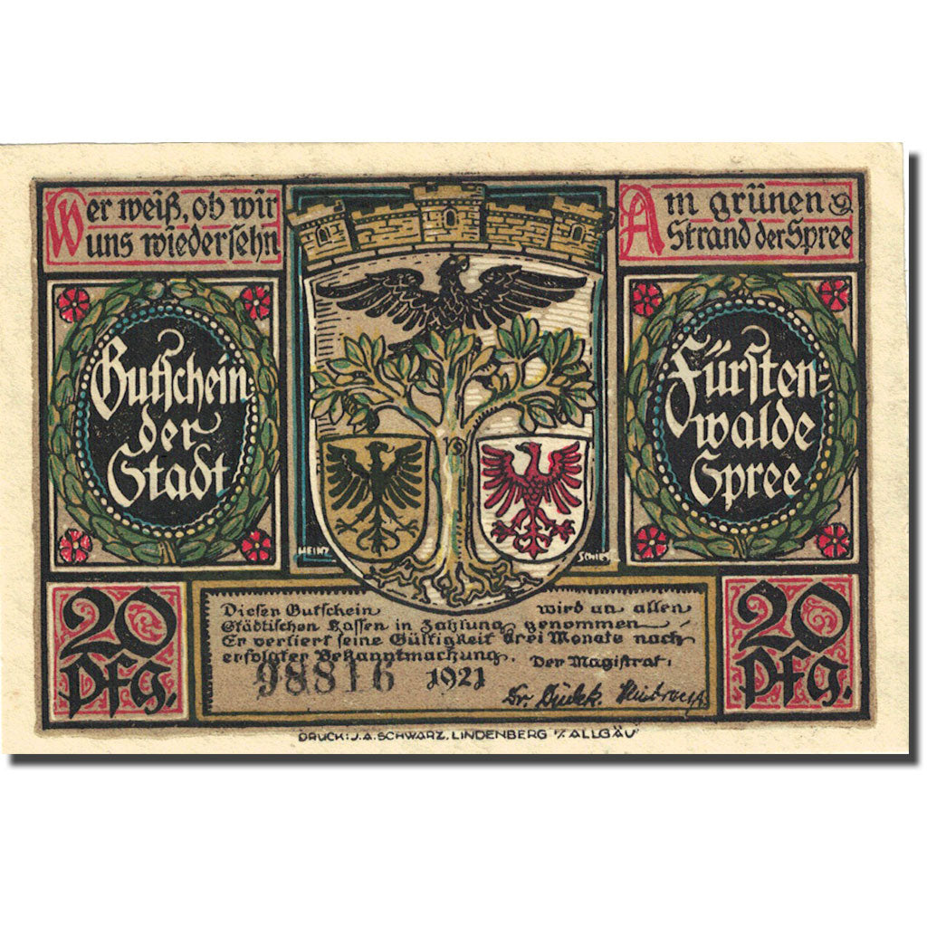 Geldschein, Deutschland, Fürstenwalde, 20 Pfennig, Blason 1, 1921 VZ Mehl:403.1