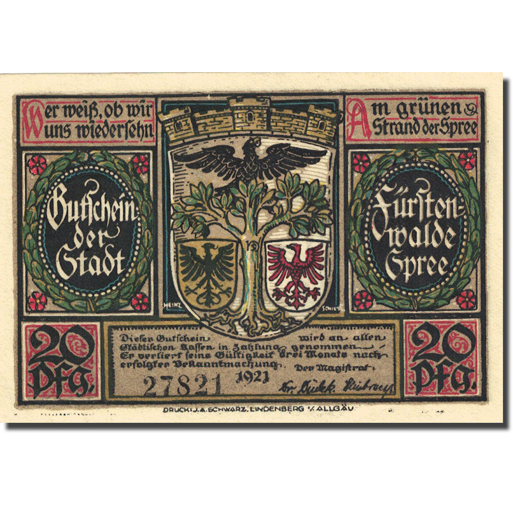 Banknote, Germany, Fürstenwalde, 20 Pfennig, Blason 2, 1921, UNC(63) Mehl 403.1a