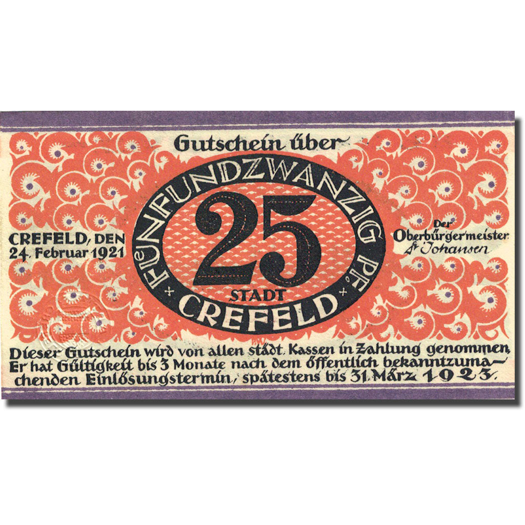 Billet, Allemagne, Crefeld, 25 Pfennig, Ville 1921-02-24, SPL Mehl 246.1a