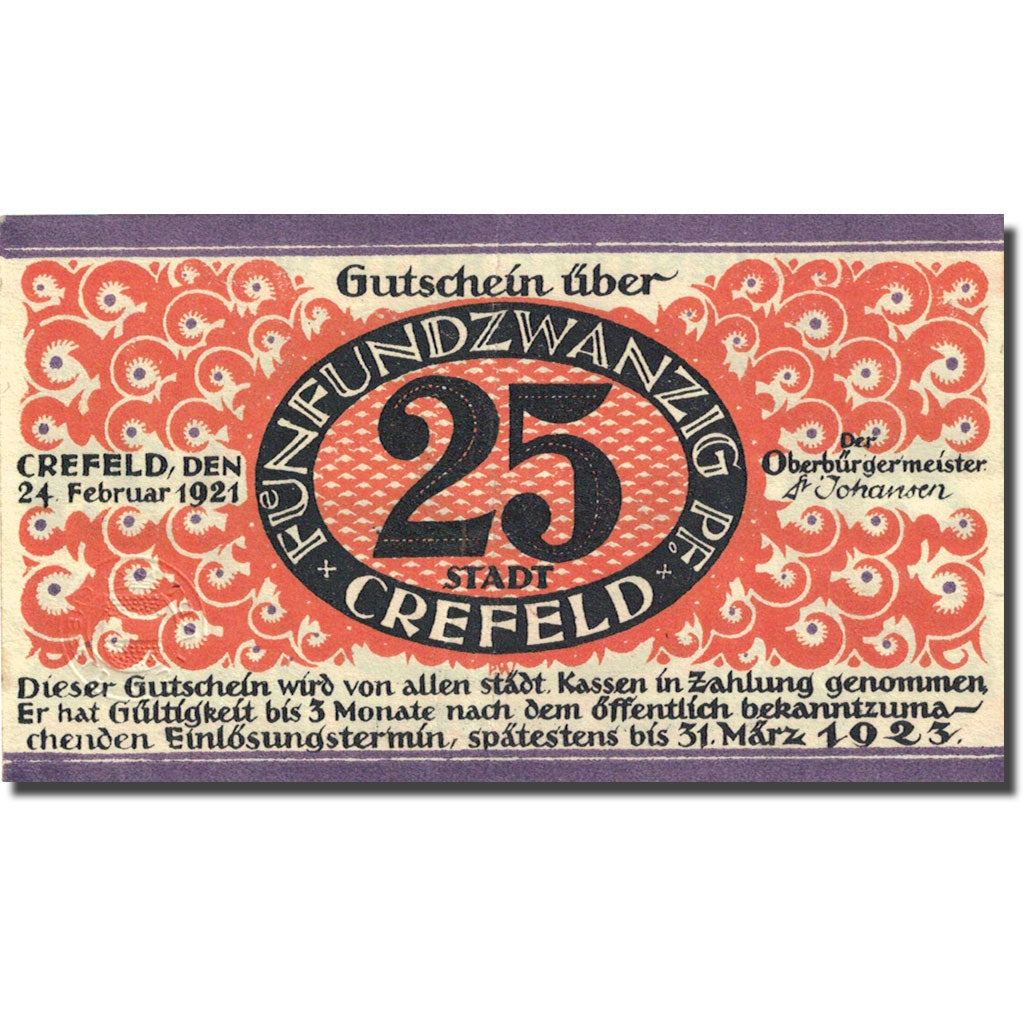 Geldschein, Deutschland, Crefeld, 25 Pfennig, Ville 1921-02-24, SS Mehl 246.1a