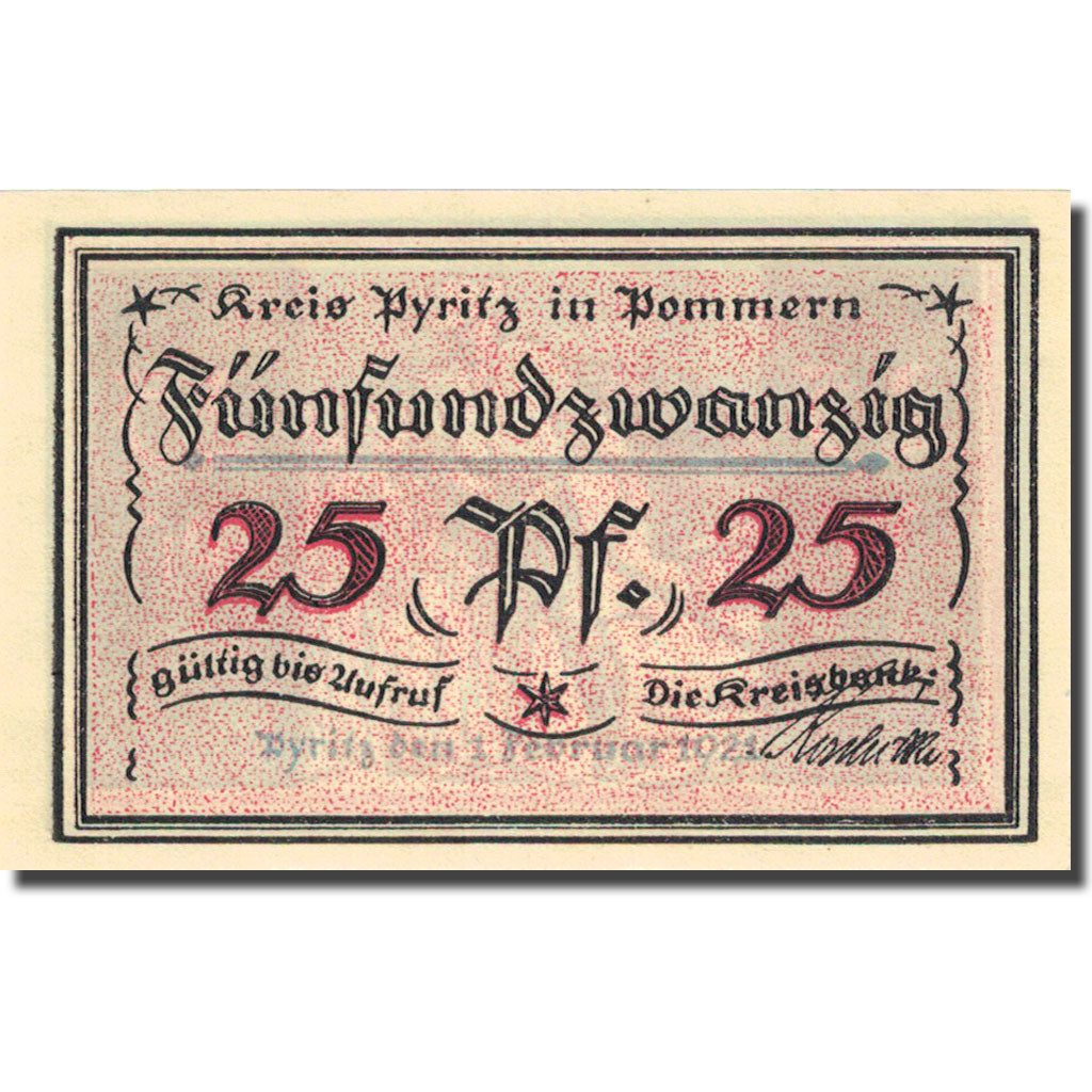 Billet, Allemagne, Pyritz, 25 Pfennig, agriculteur 1921-02-01 SPL Mehl 1082.1a