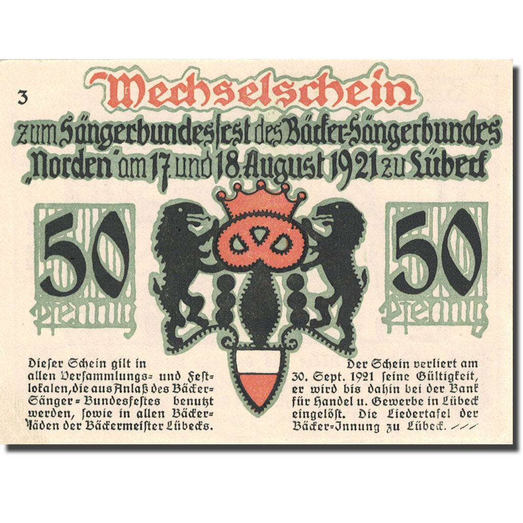 Banknote, Germany, Lübeck, 50 Pfennig, Blason 1921-08-18 AU(55-58) Mehl 820.1