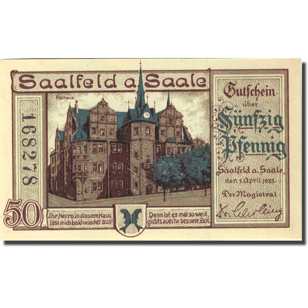 Billet, Allemagne, Saalfeld, 50 Pfennig, château 1921-04-01, SPL Mehl 1155.2b