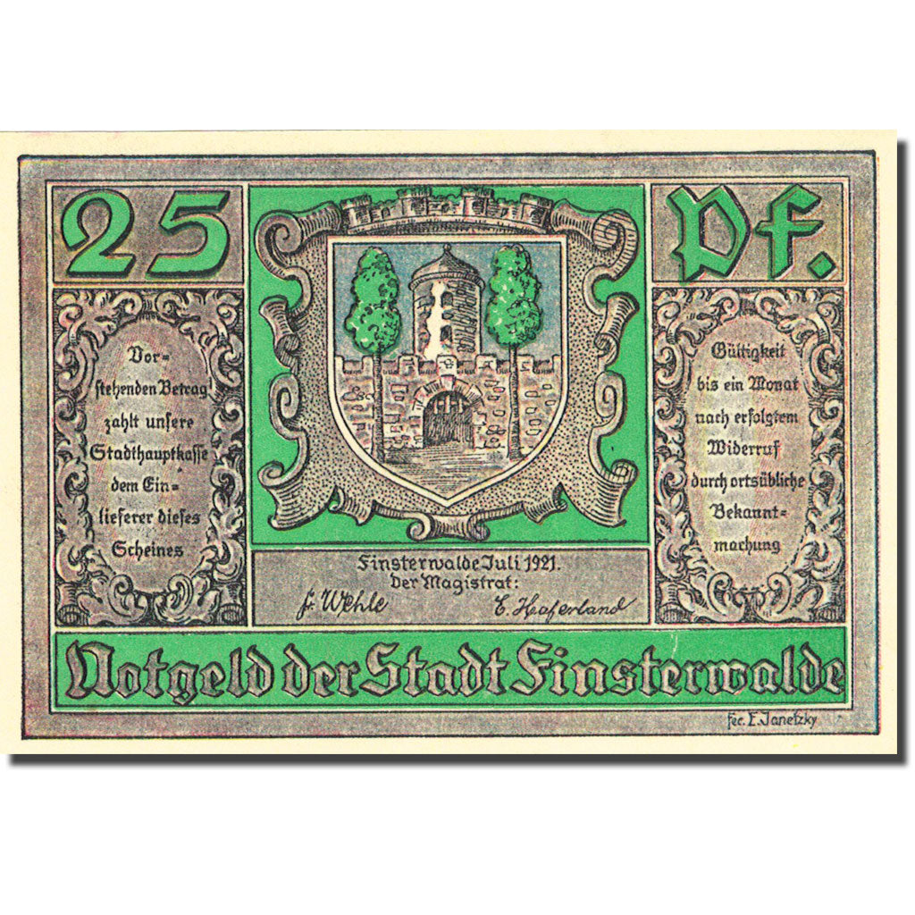 Banknote, Germany, Finsterwalde, 25 Pfennig, Blason, 1921, UNC(63), Mehl:362.1a