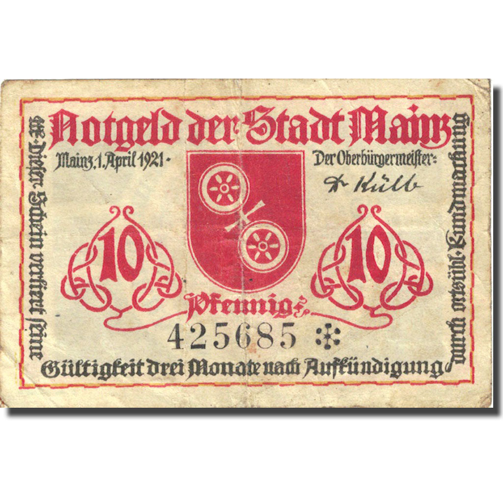 Banknote, Germany, Mainz, 10 Pfennig, Blason 1921-04-01, EF(40-45) Mehl 860.2a