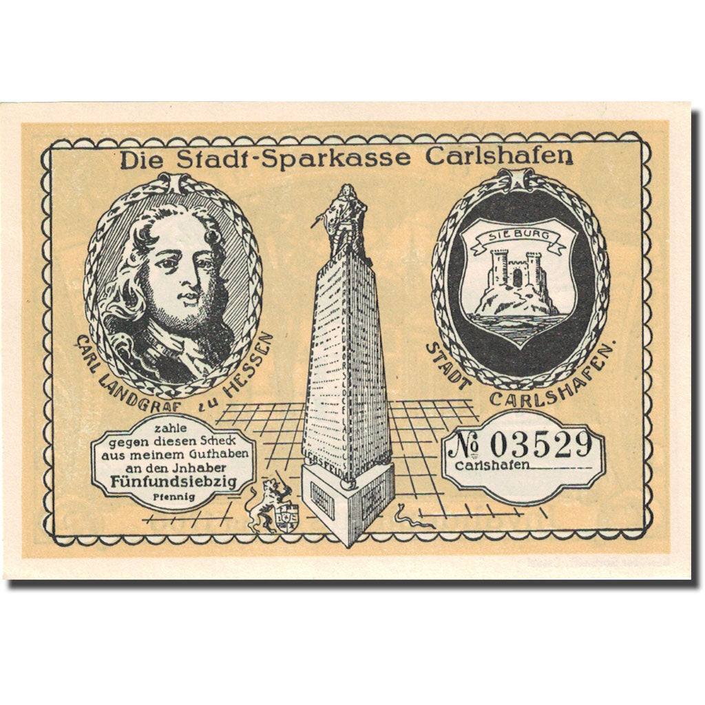 Banknote Germany Carlshafen 75 Pfennig personnage 1922 UNC(63) Mehl 222.1a