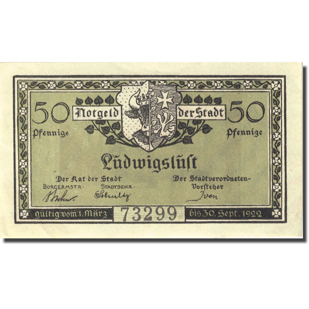 Banknote, Germany Ludwigslust 50 Pfennig mairie 1922-09-30, AU(55-58) Mehl 818.2