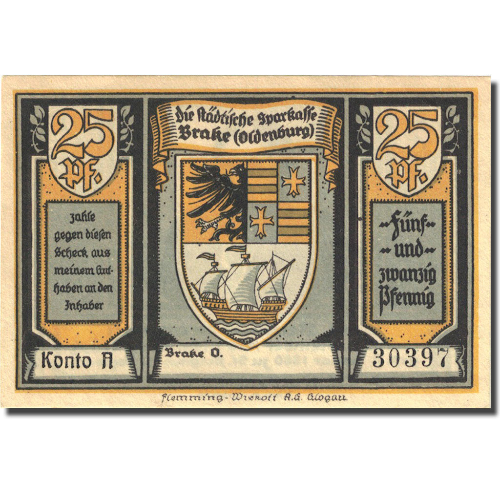 Billet, Allemagne, Brake, 25 Pfennig, personnage, 1922, SPL, Mehl:149.1
