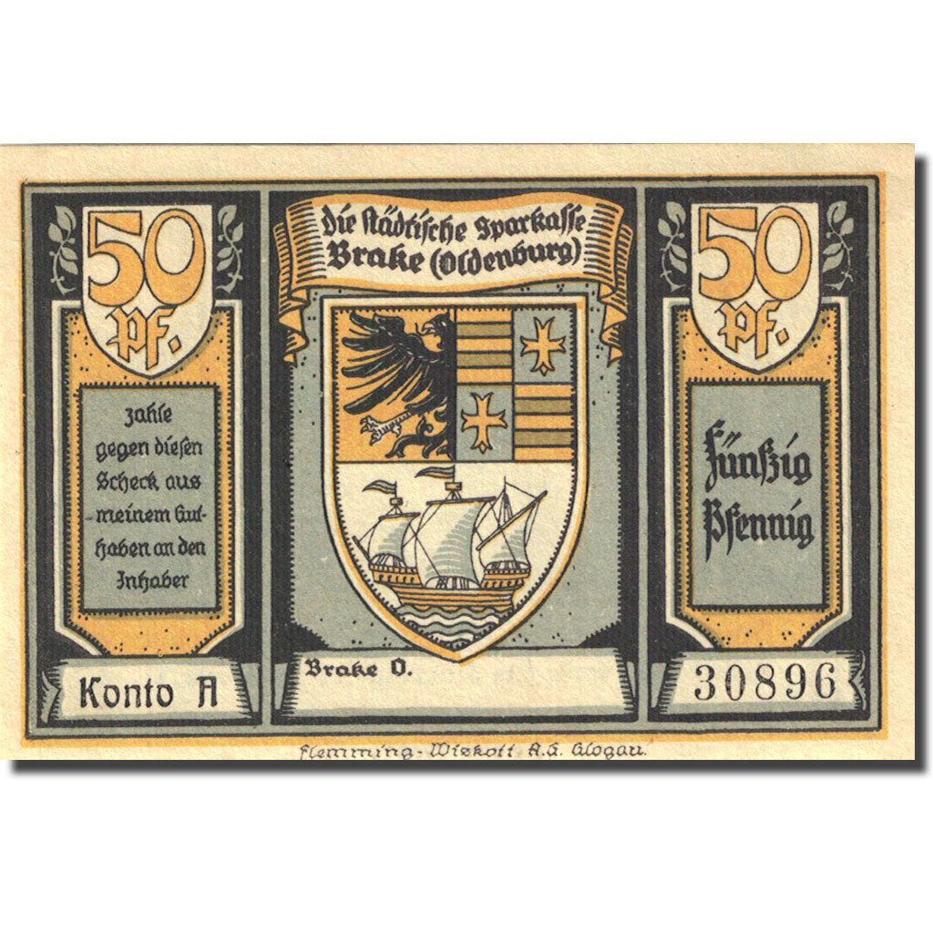 Banknote, Germany, Brake, 50 Pfennig, bateau, 1922, UNC(63), Mehl:149.1