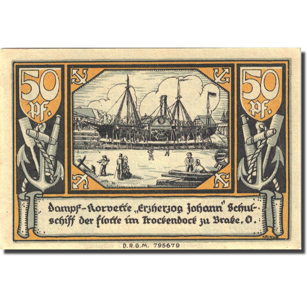 Banknote, Germany, Brake, 50 Pfennig, bateau, 1922, UNC(63), Mehl:149.1