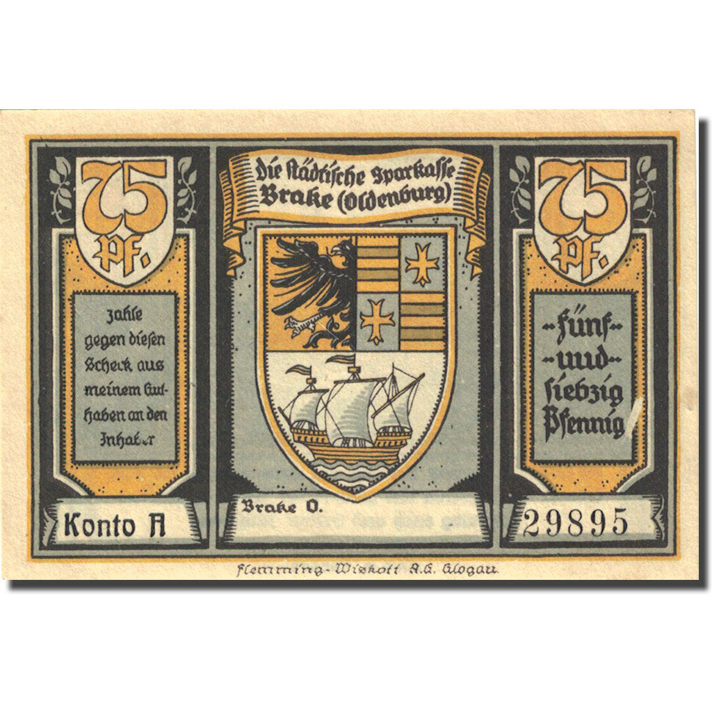 Banknote, Germany, Brake, 75 Pfennig, bateau, 1922, UNC(63), Mehl:149.1