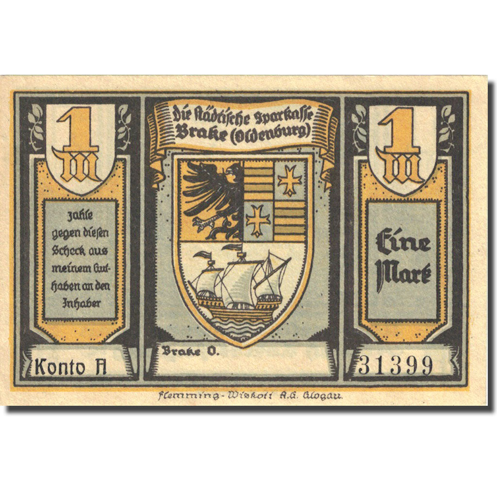 Banknote, Germany, Brake, 1 Mark, bateau, 1922, UNC(63), Mehl:149.1