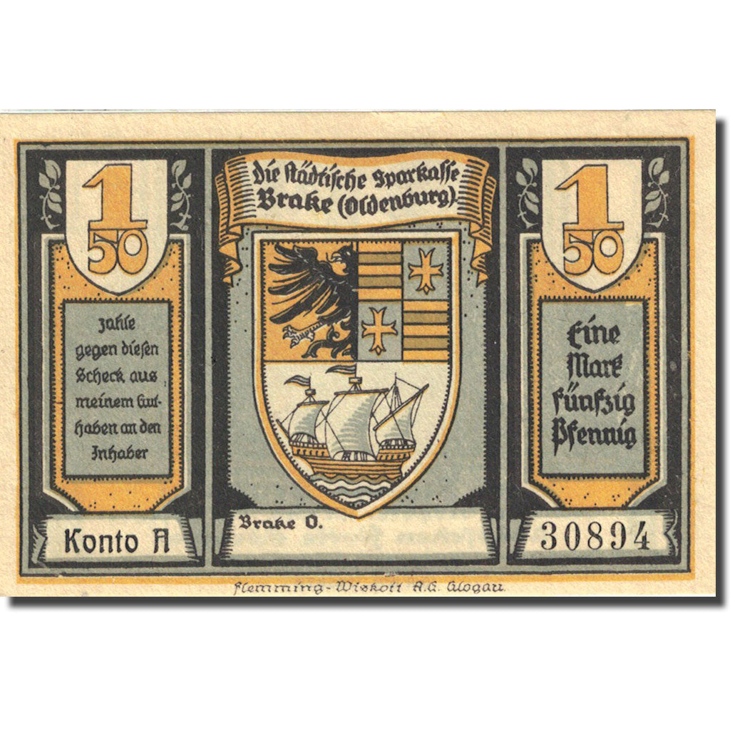 Banknote, Germany, Brake, 1.5 Mark, Monument, 1922, UNC(63), Mehl:149.1