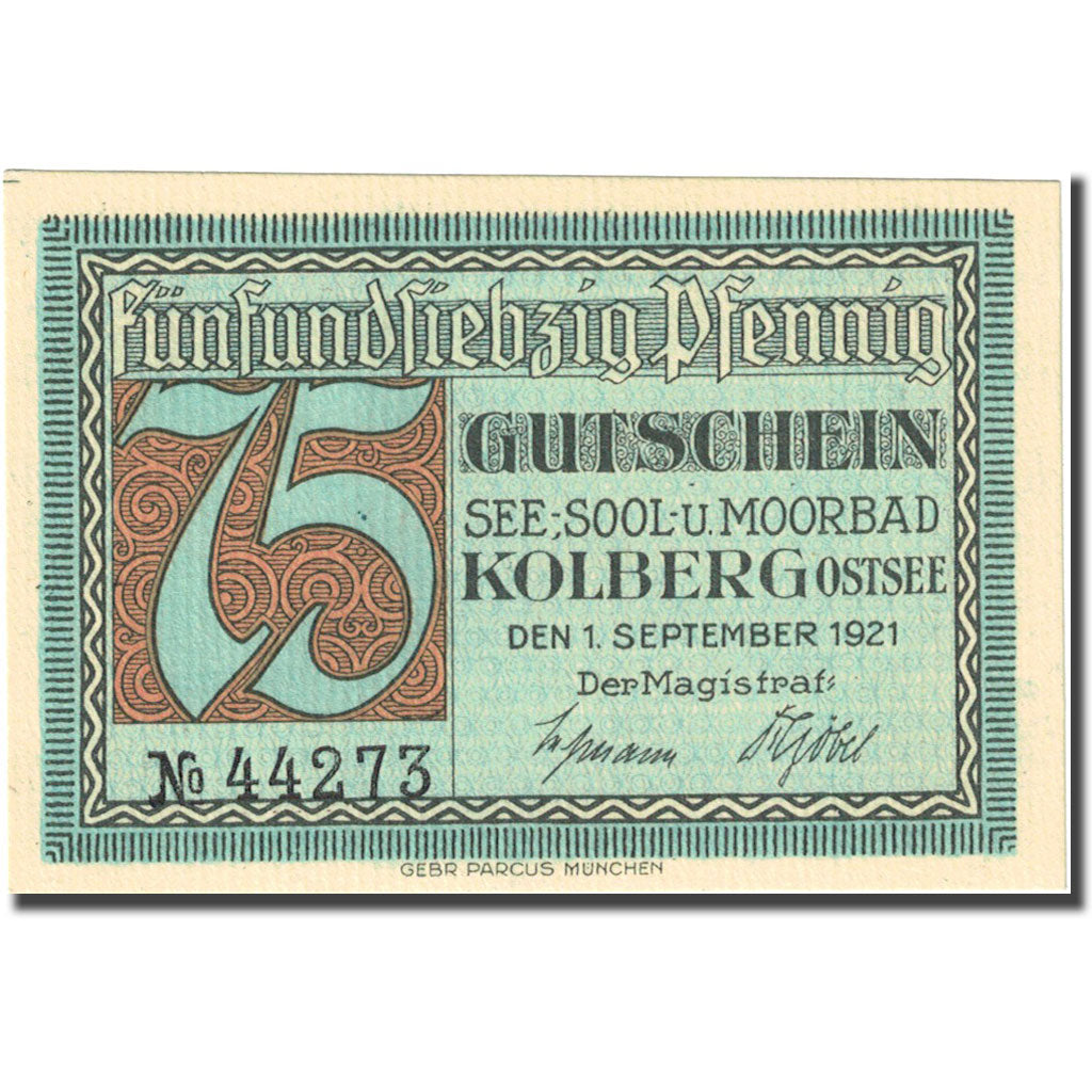 Banknote, Germany, Kolberg, 75 Pfennig, saline 1921-09-01 UNC(63) Mehl 737.2