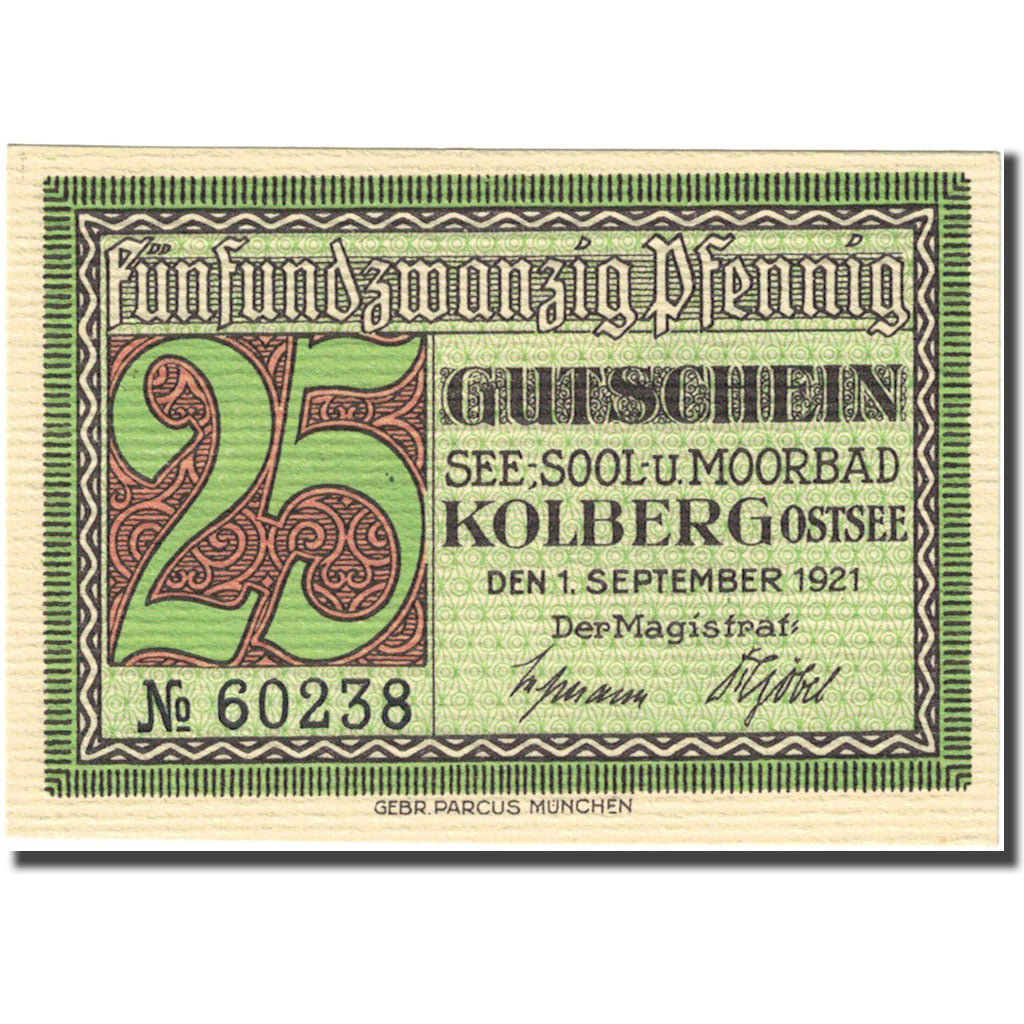 Banknote, Germany, Kolberg, 25 Pfennig, personnage 1921-09-01 UNC(63) Mehl 737.1