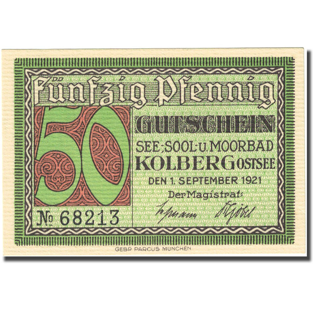Banknote, Germany, Kolberg, 50 Pfennig, personnage 1921-09-01 UNC(63) Mehl 737.1