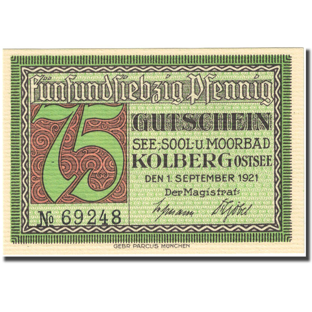Banknote, Germany, Kolberg, 75 Pfennig, personnage 1921-09-01 UNC(63) Mehl 737.1
