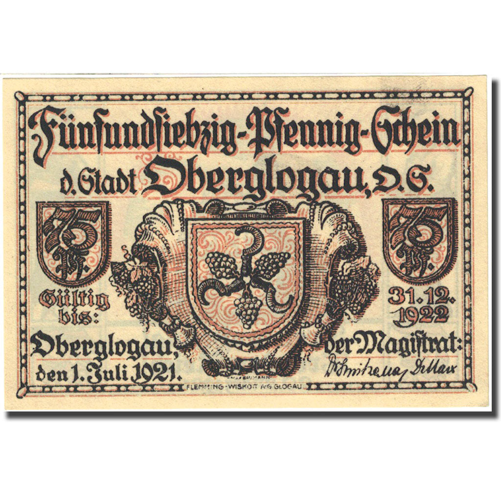 Banknote, Germany, Oberglogau 75 Pfennig Monument 1921-07-01 UNC(63) Mehl 994.1b