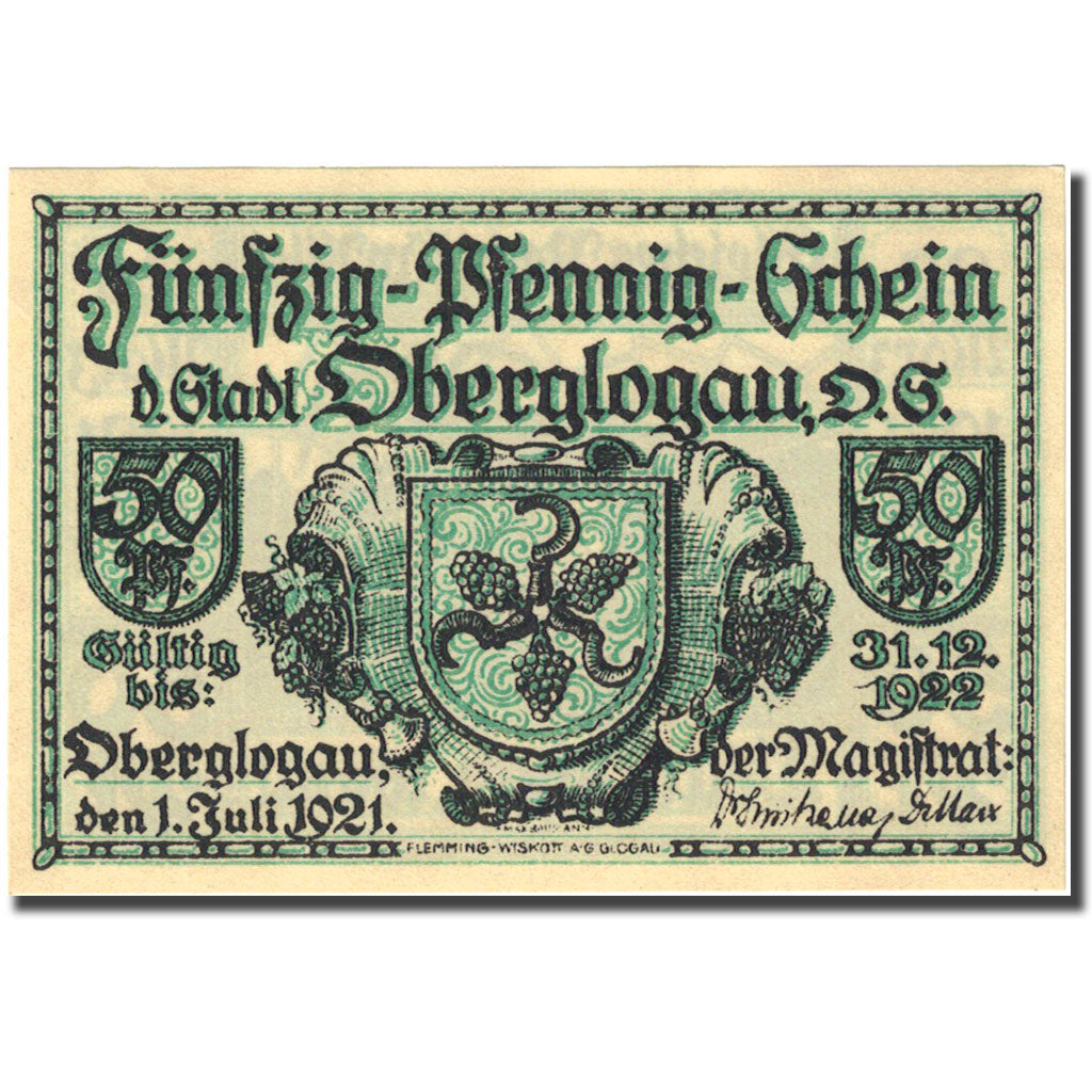 Banknote, Germany, Oberglogau, 50 Pfennig, personnage 1921 UNC(63) Mehl 994.1b