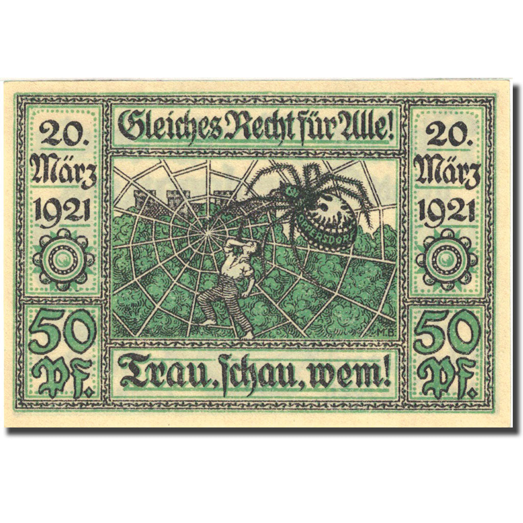 Banknote, Germany, Oberglogau, 50 Pfennig, personnage 1921 UNC(63) Mehl 994.1b