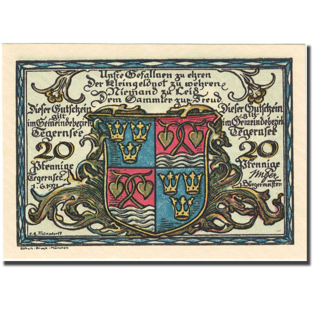 Banknote, Germany, Tegernsee, 20 Pfennig, Blason 1921-06-01 UNC(63)  Mehl 1313.1