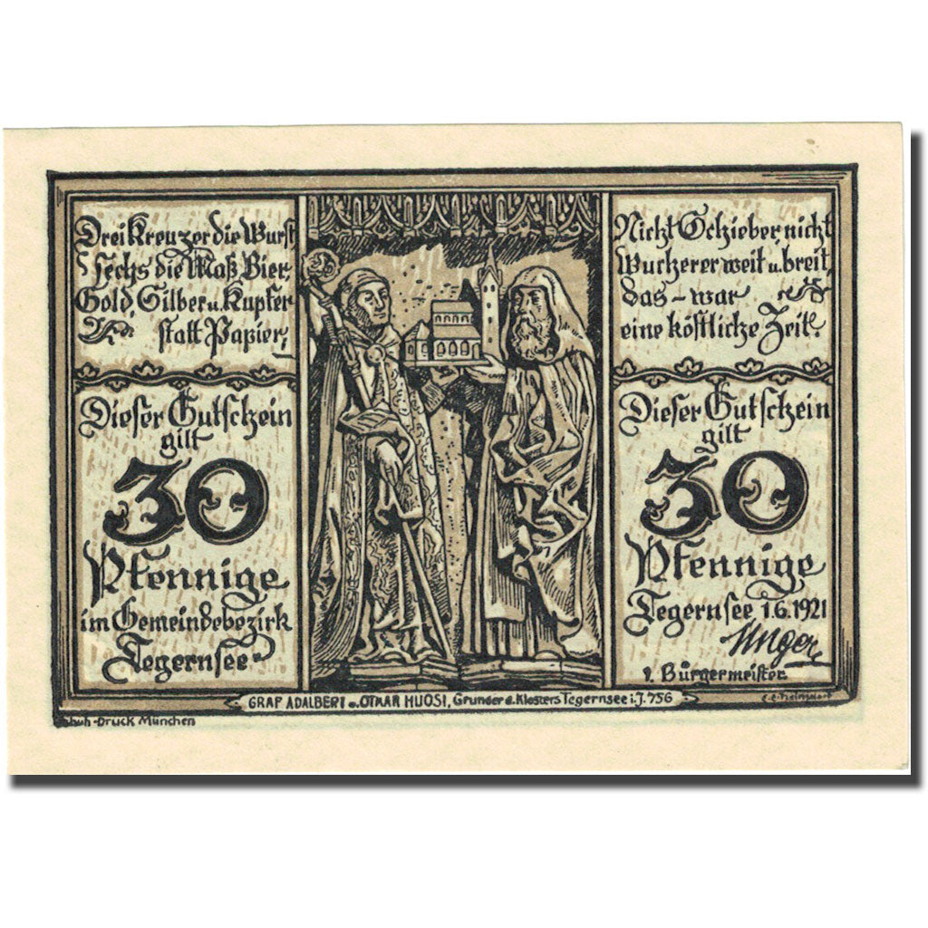 Biljet, Duitsland, Tegernsee, 30 Pfennig, monastère 1921-06-01 SPL Mehl 1313.1