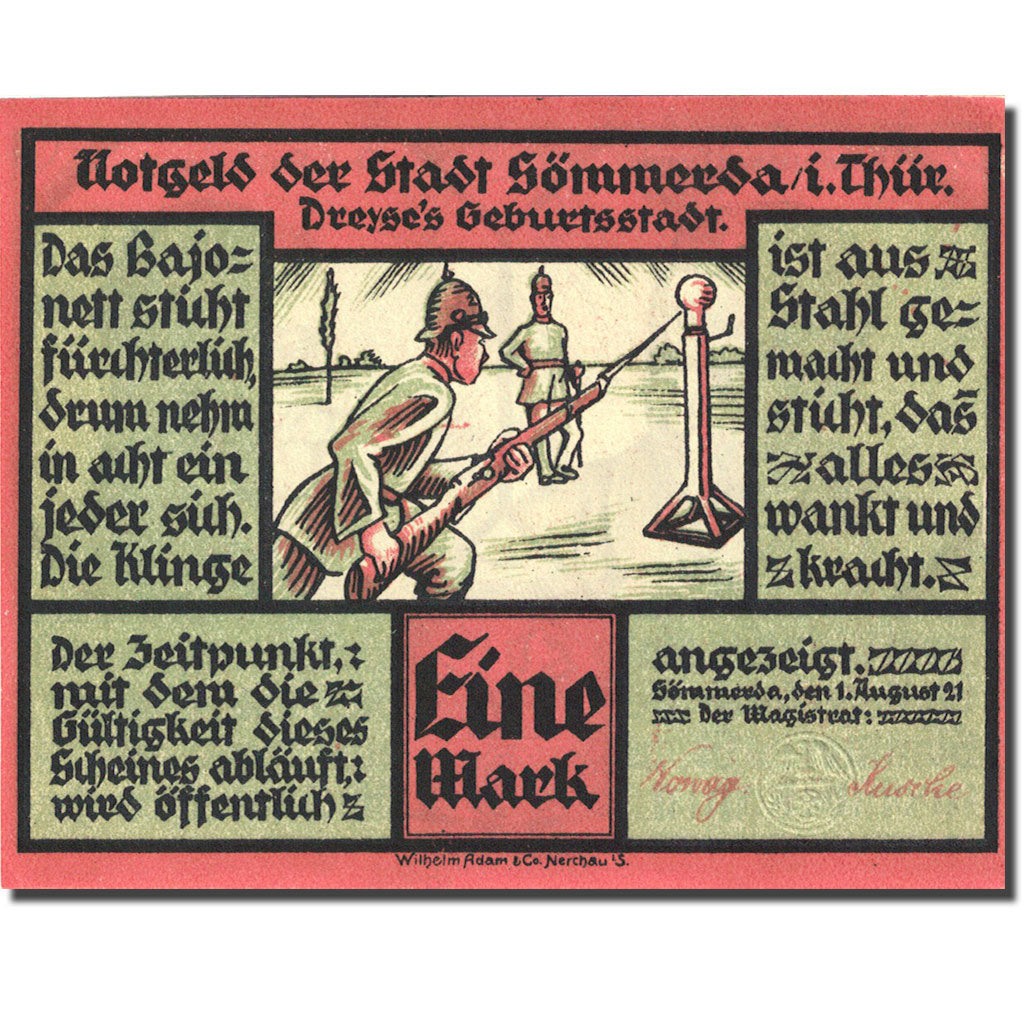 Banknote, Germany, Sömmerda, 1 Mark, personnage 1921-08-01 UNC(63) Mehl 1230.1