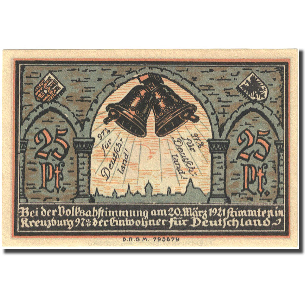 Banknote, Germany, Kreuzburg, 25 Pfennig, cloches, 1921, UNC(63) Mehl 744.2