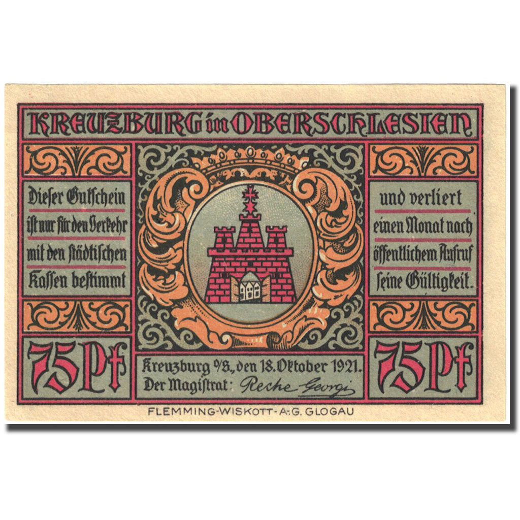 Banknote, Germany, Kreuzburg, 75 Pfennig, château1921-10-18, UNC(63) Mehl 744.2