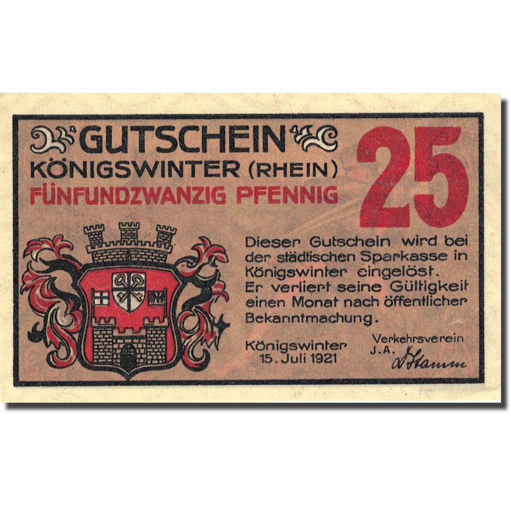 Banknote, Germany, Königswinter 25 Pfennig, Blason 1921-07-15 UNC(63) Mehl 731.1