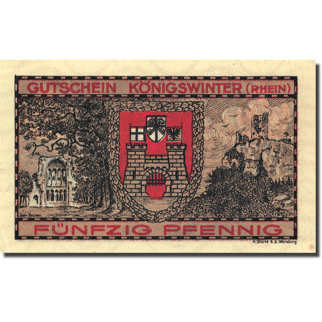 Banknote, Germany, Königswinter, 50 Pfennig, château 1921 UNC(63) Mehl 731.1