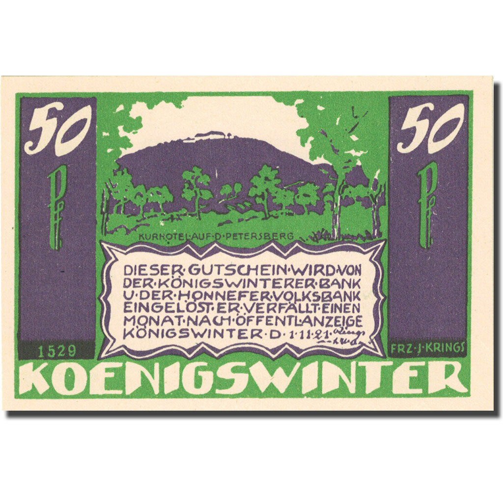 Billet, Allemagne, Königswinter, 50 Pfennig, Blason 1921-11-01, SPL Mehl 730.1