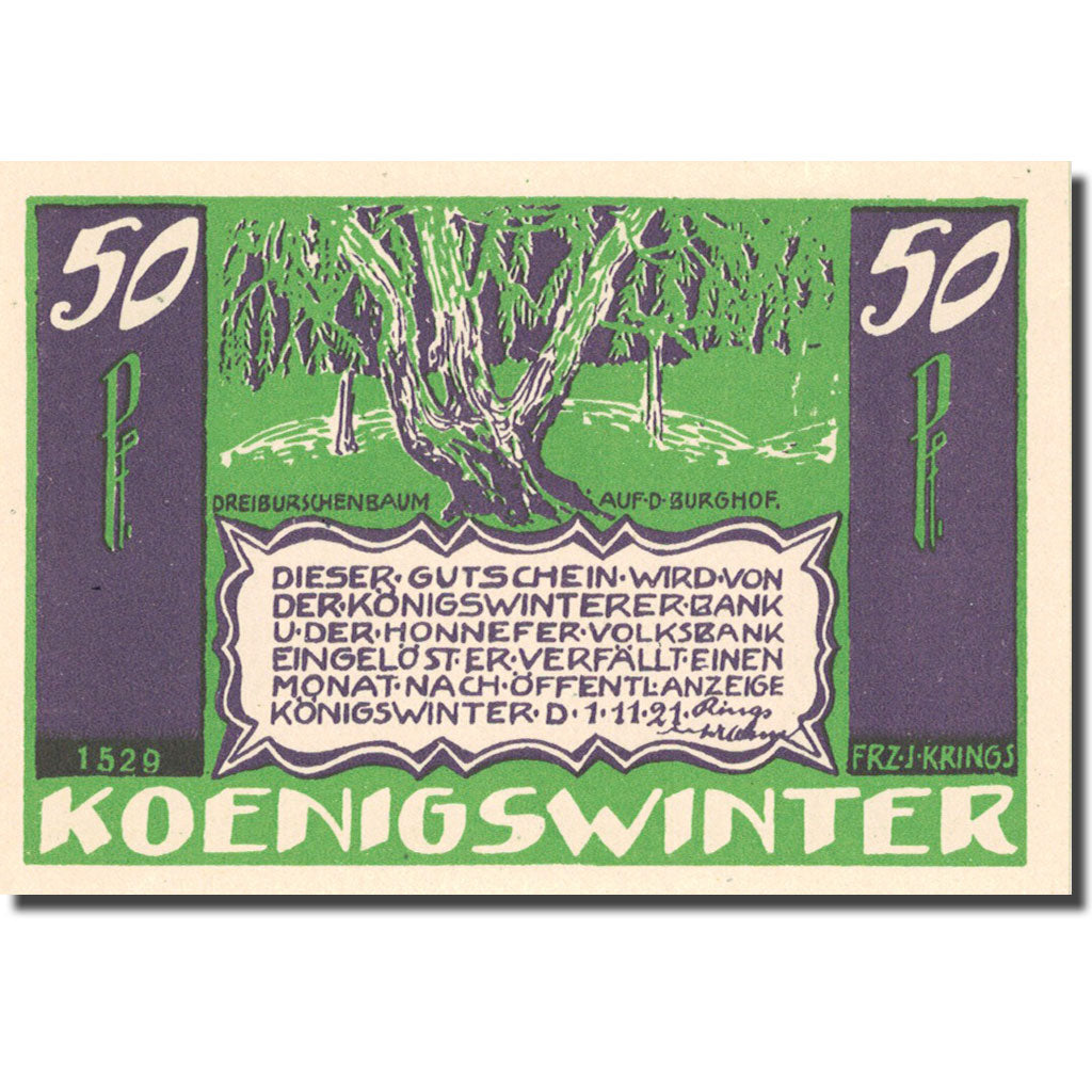 Banknote, Germany, Königswinter 50 Pfennig, arbre 1921-11-01, UNC(63) Mehl 730.1