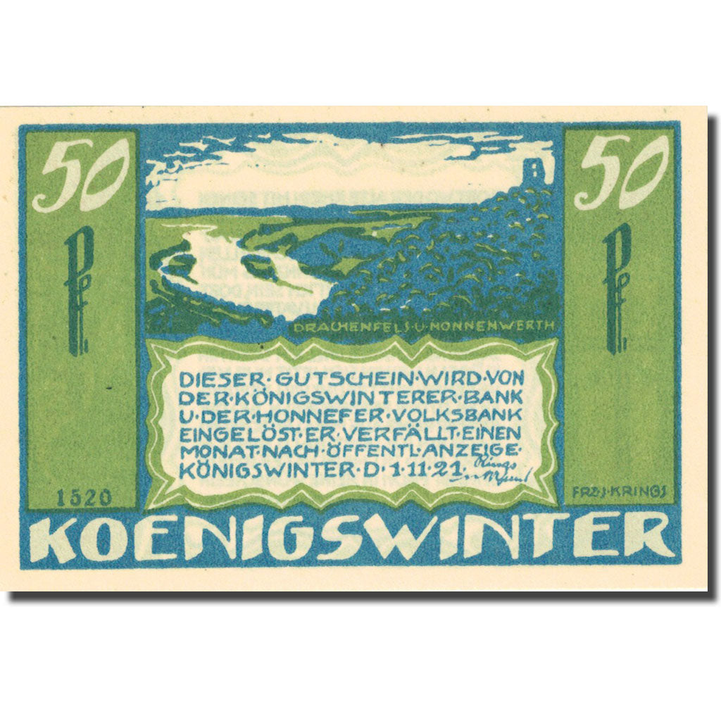 Banknote, Germany, Königswinter, 50 Pfennig, paysage 1921 UNC(63) Mehl 730.1b
