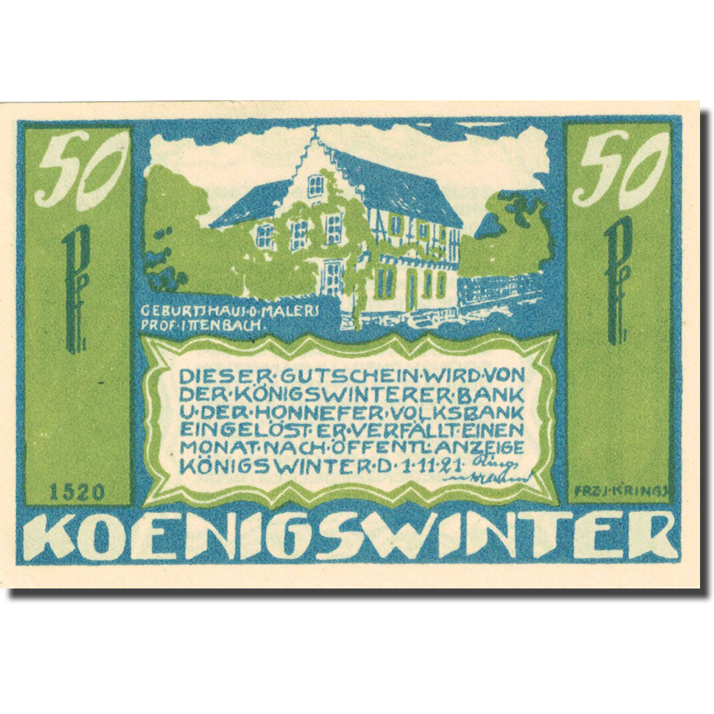Banknote, Germany, Königswinter 50 Pfennig Eglise 1921-11-01 UNC(63) Mehl 730.3b
