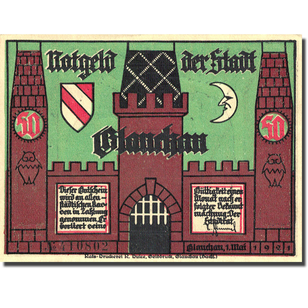 Banknote, Germany, Glauchau, 50 Pfennig, personnage 1, 1921 UNC(63) Mehl 436.1
