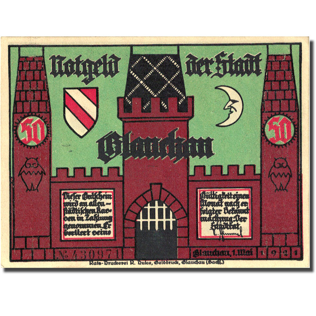 Banknote, Germany, Glauchau, 50 Pfennig, personnage 2, 1921 UNC(63) Mehl 436.1