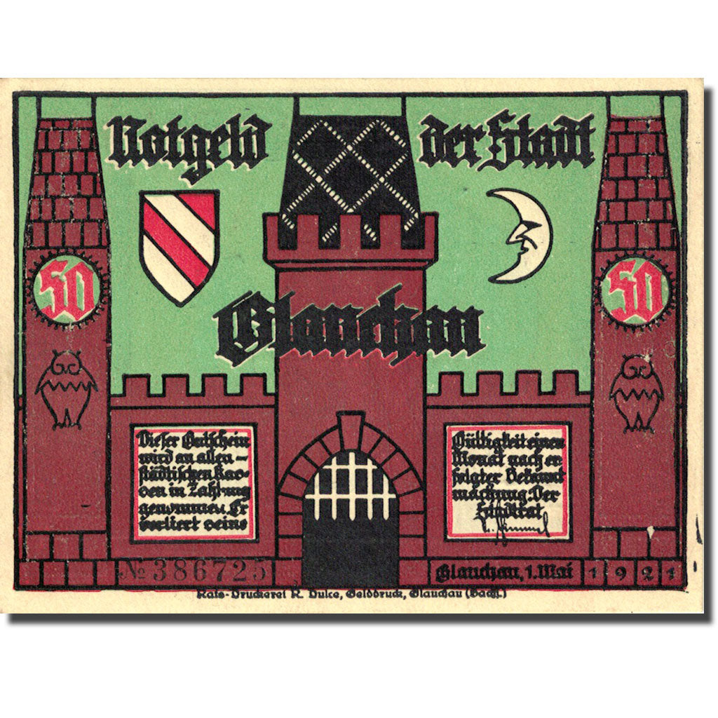 Banknote, Germany, Glauchau, 50 Pfennig, personnage 3, 1921 UNC(63) Mehl 436.1