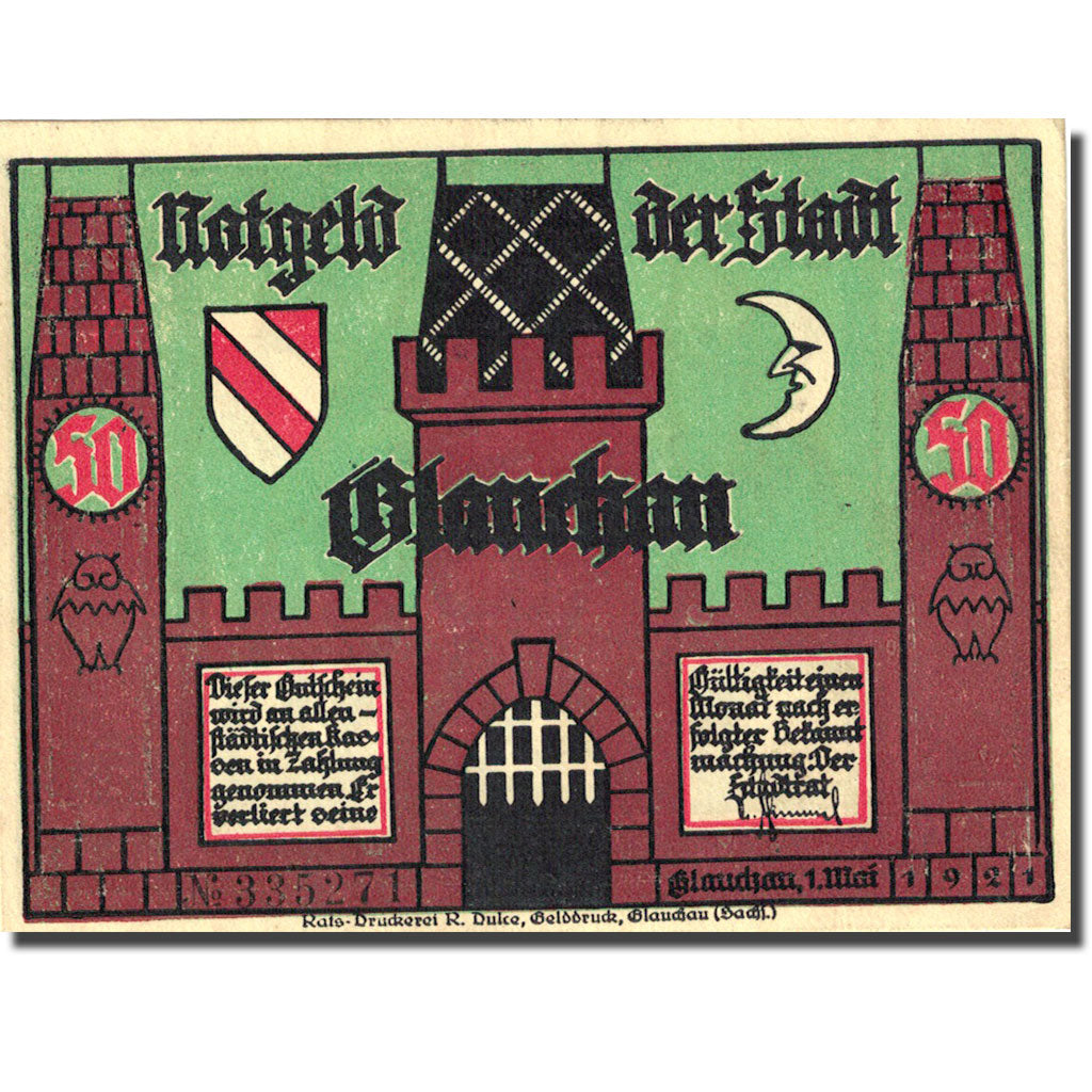 Banknote, Germany, Glauchau, 50 Pfennig, personnage 4, 1921 UNC(63) Mehl 436.1