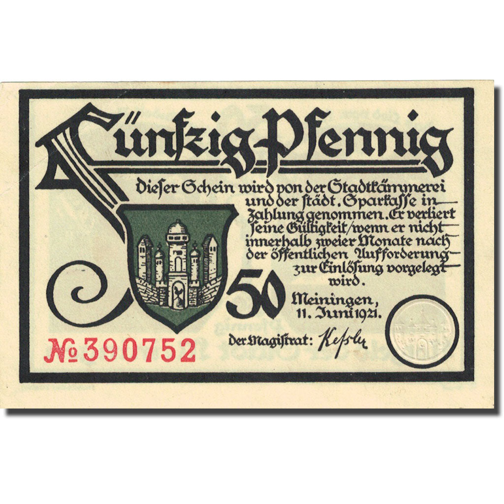 Banknote, Germany, Meiningen, 50 Pfennig, Blason 1921-06-11 UNC(63) Mehl 877.1