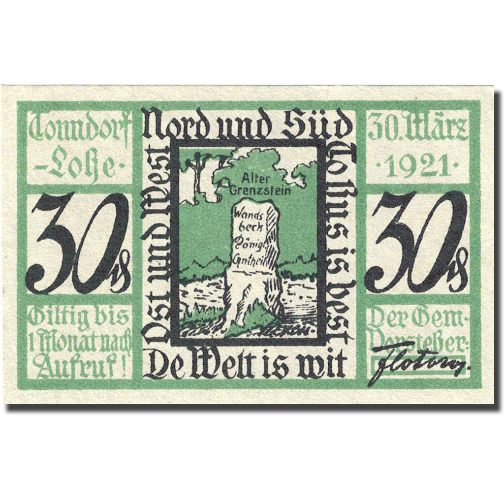 Banknote, Germany, Tonndorf, 30 Pfennig, Monument 1921 UNC(63) Mehl 1330.1