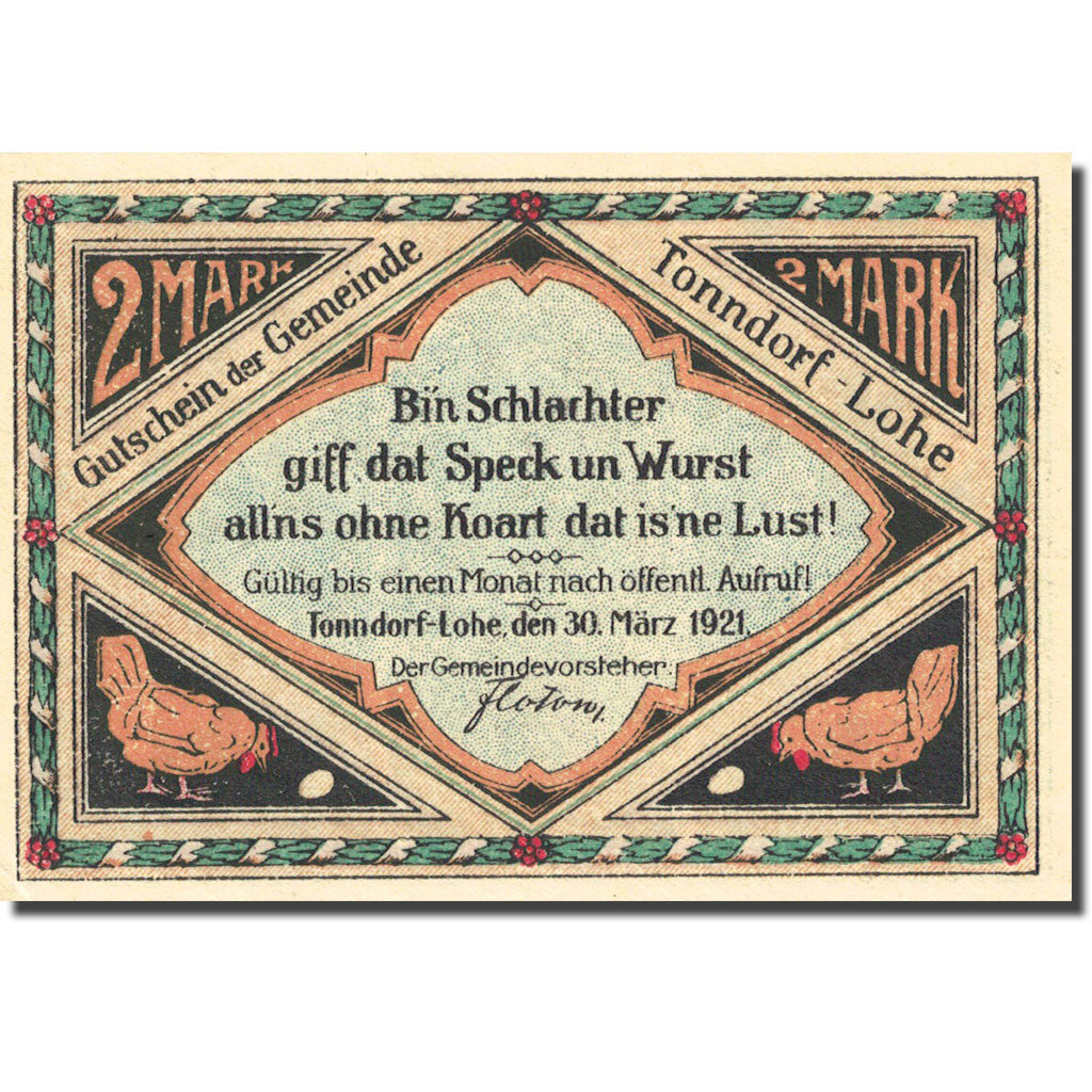 Billet, Allemagne, Tonndorf, 2 Mark, personnage 1921, 1921-03-30 SPL Mehl 1330.2