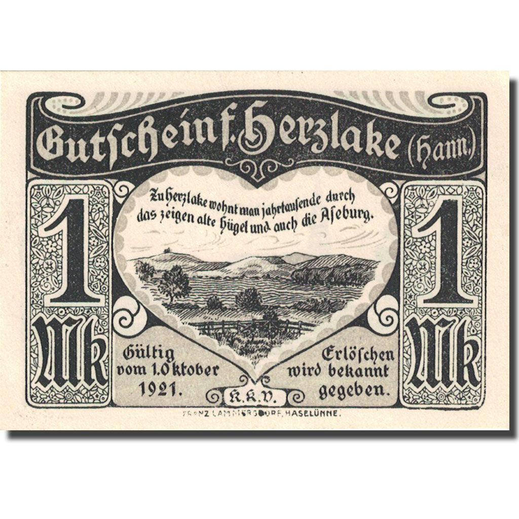 Banknote, Germany, Herzlake, 1 Mark prairie 1922, 1921-10-01, UNC(63) Mehl 605.1