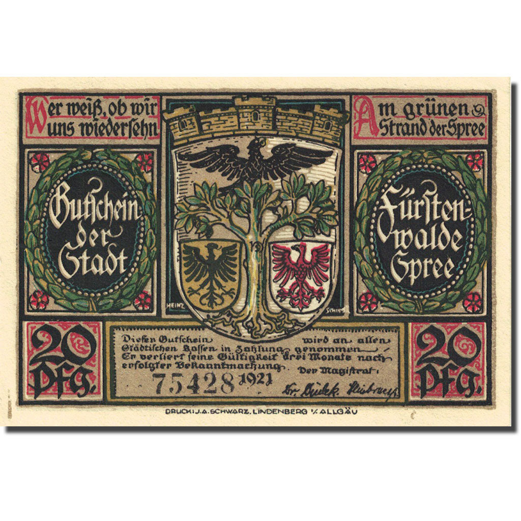 Banknote Germany Fürstenwalde 20 Pfennig personnage 1, 1921 UNC(63) Mehl 403.1a