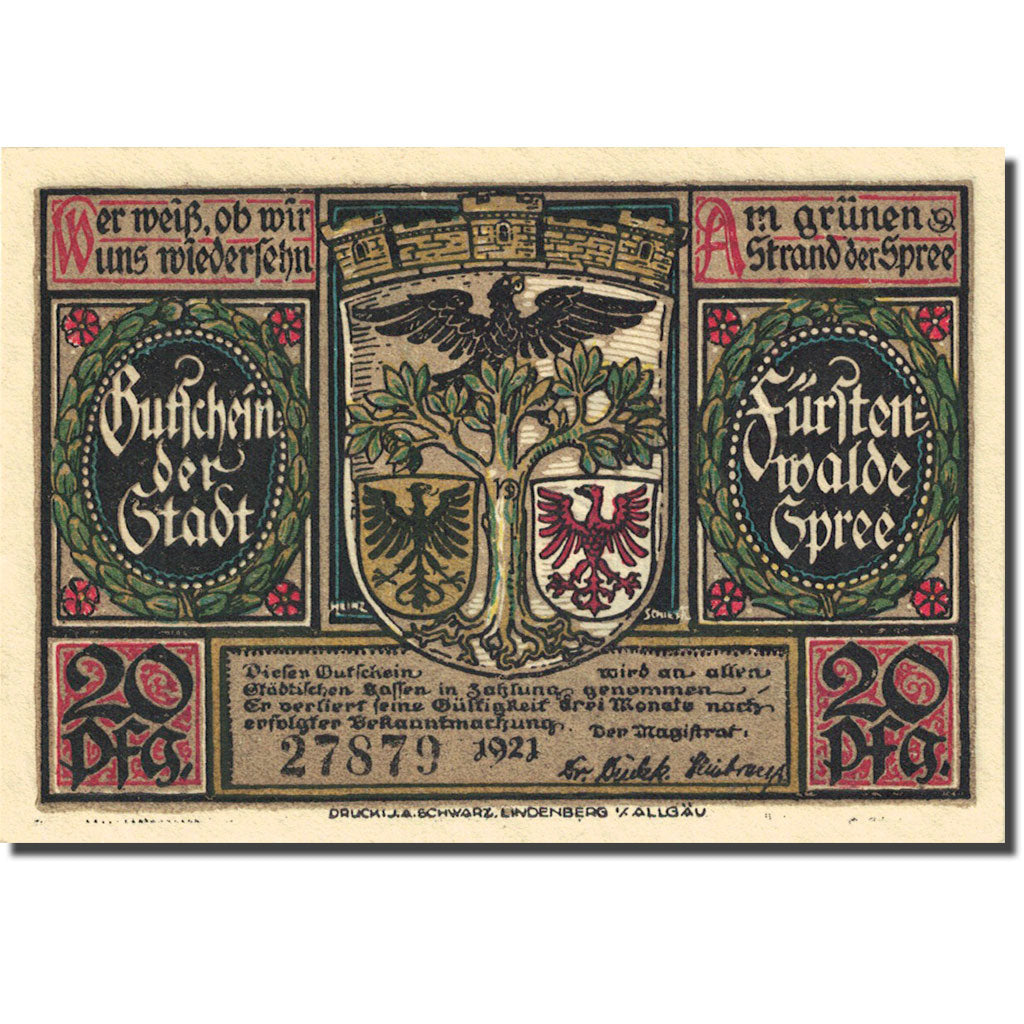 Billet, Allemagne, Fürstenwalde, 20 Pfennig, personnage 2, 1921, SPL Mehl 403.1a