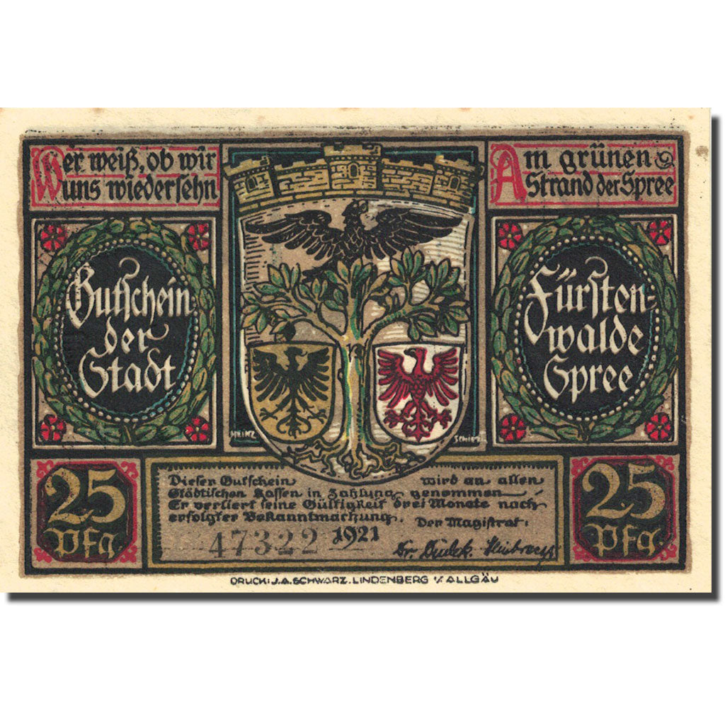 Banknote Germany Fürstenwalde 25 Pfennig personnage 1921 UNC(60-62) Mehl 403.1a