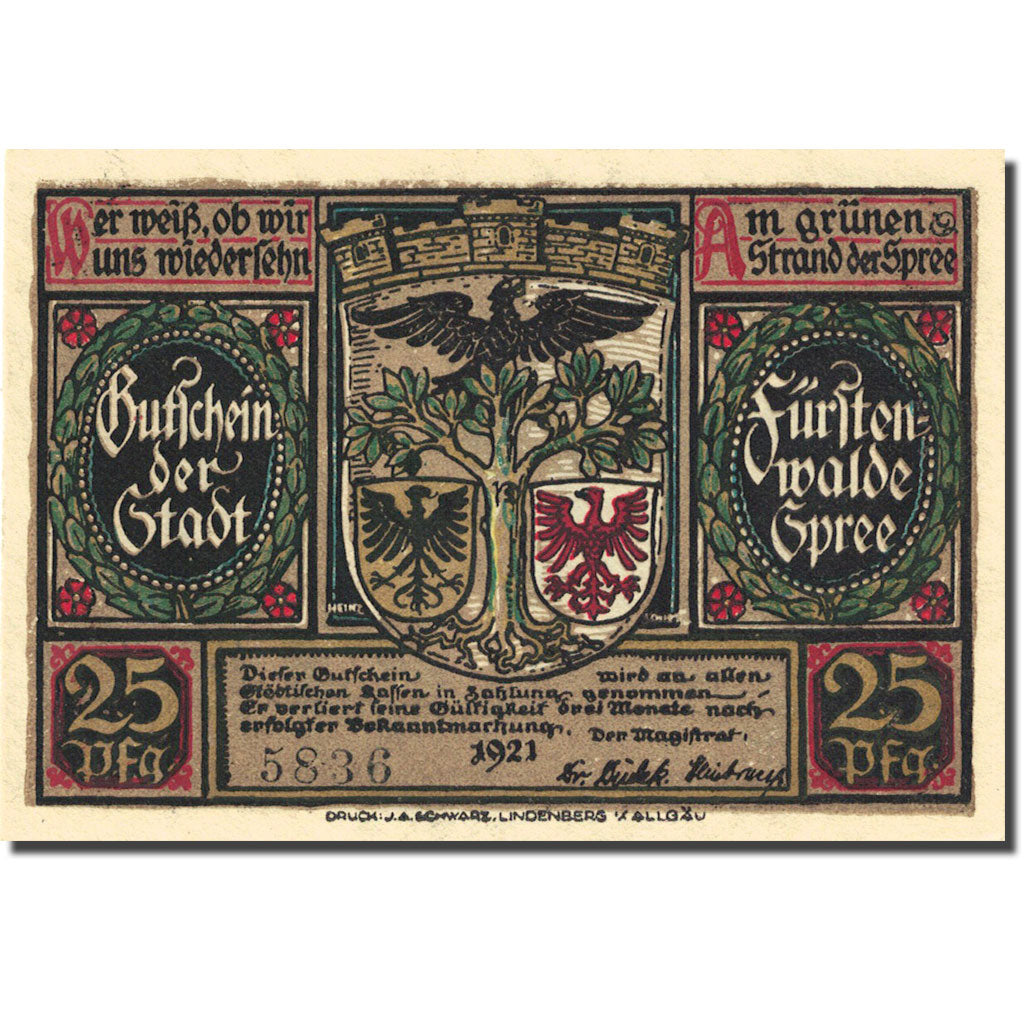 Banknote, Germany Fürstenwalde 25 Pfennig personnage 1, 1921 UNC(63) Mehl 403.1a